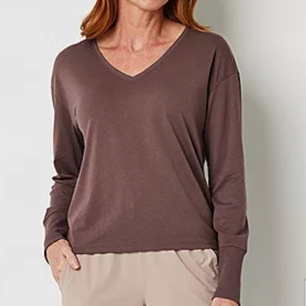 NEW Stylus Brown Peppercorn Long Sleeve  V-neck Tee cotton blend Soft Top, M